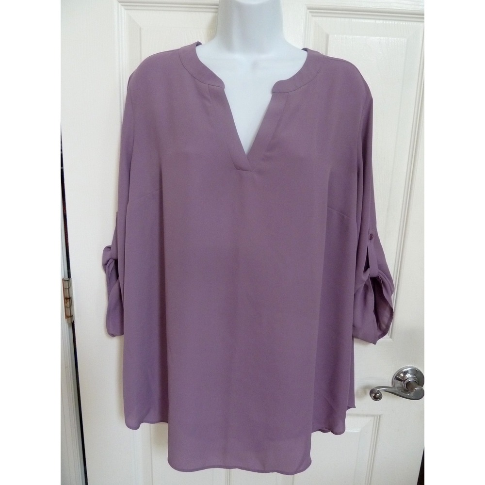 CHAUS Plus Sz 1X Career Office Blouse Roll-Tab Sleeves Purple Pullover Blouse